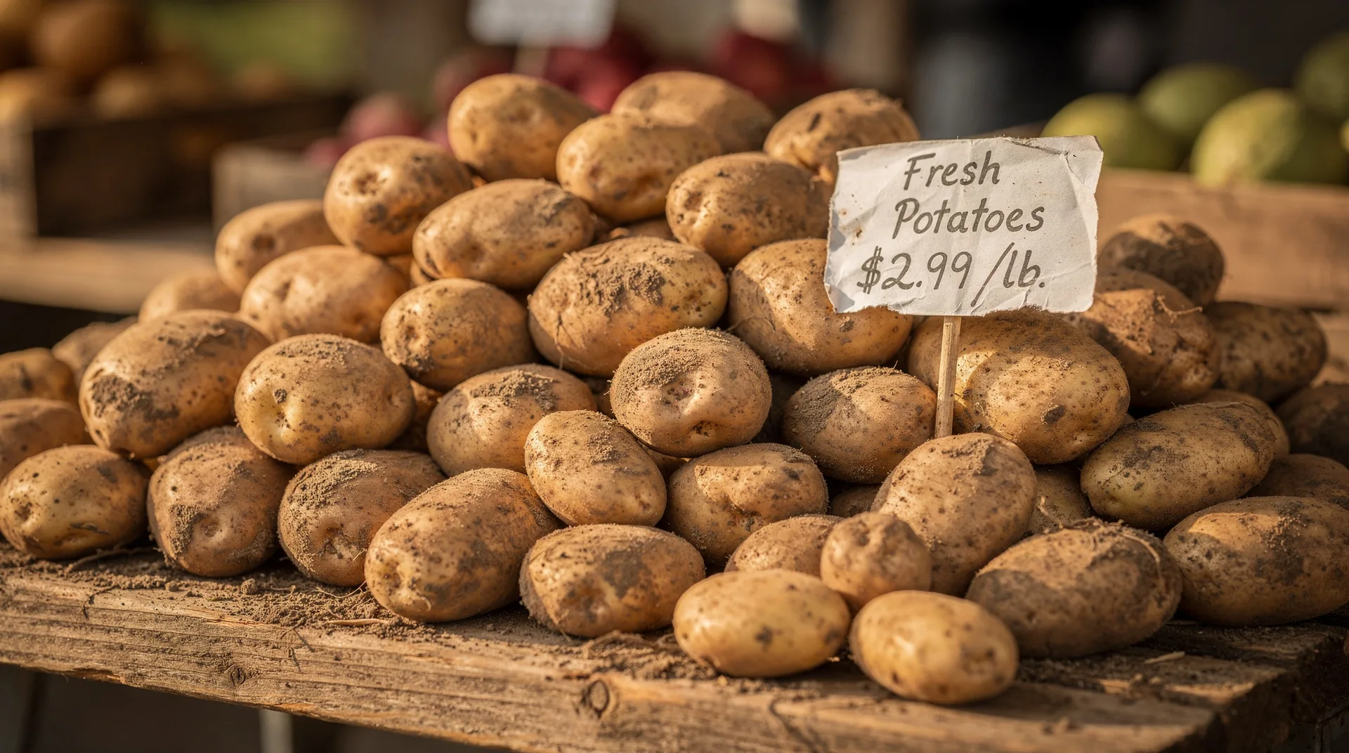 Patatas frescas en un mercado con etiqueta de precio visible