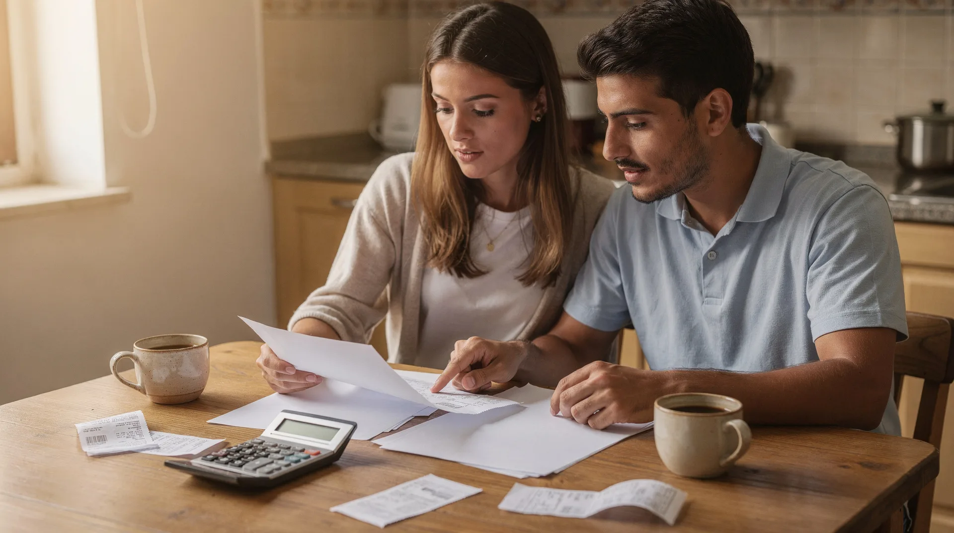Pareja joven revisando presupuesto de boda en papel sobre mesa con calculadora y café, expresión concentrada