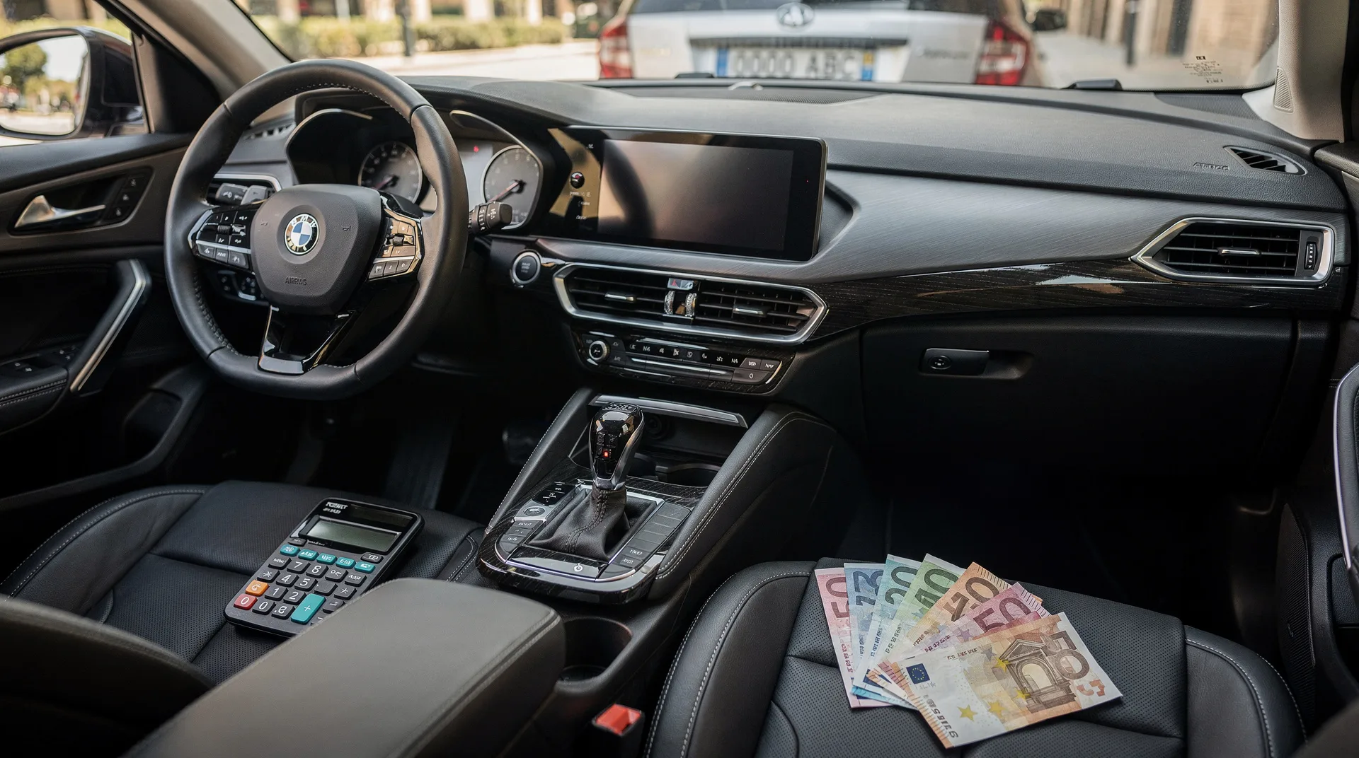 Modern car dashboard with calculator and euro bills on the seat, Spanish license plate visible throu