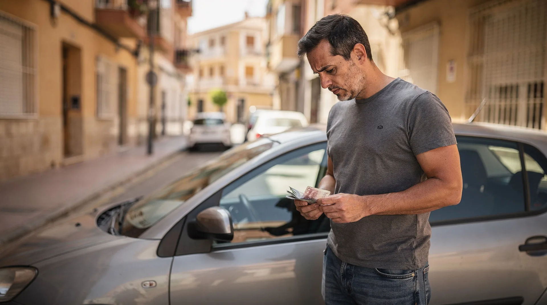 Conductor español revisando la factura de gastos del coche junto a su vehículo aparcado en una calle de ciudad española