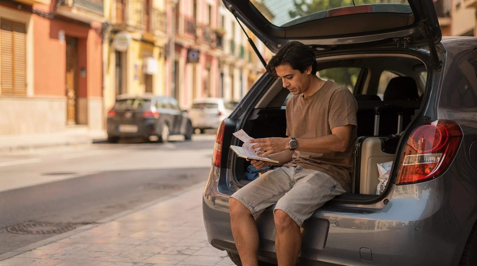 Persona revisando facturas y gastos del coche junto a un vehículo aparcado en una calle española soleada