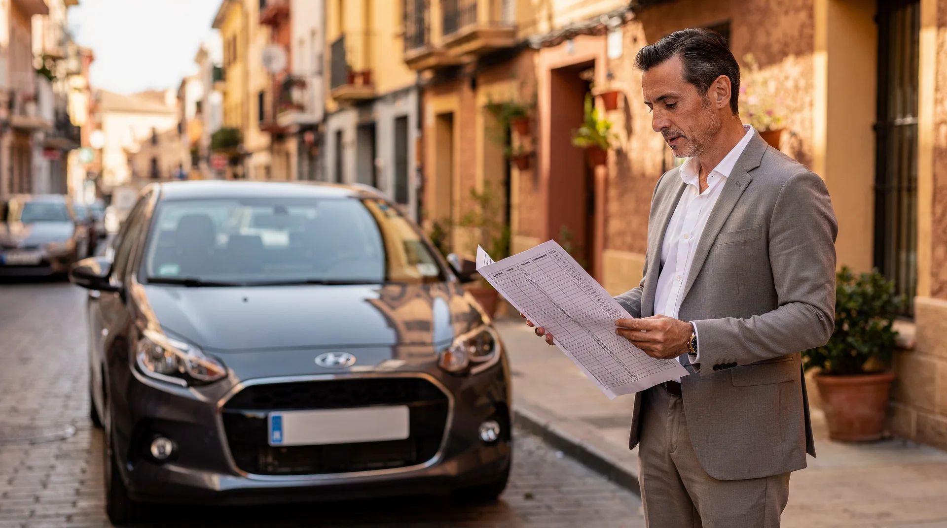 Conductor revisando los gastos del coche con una hoja de cálculo en la mano junto al vehículo aparcado en la calle