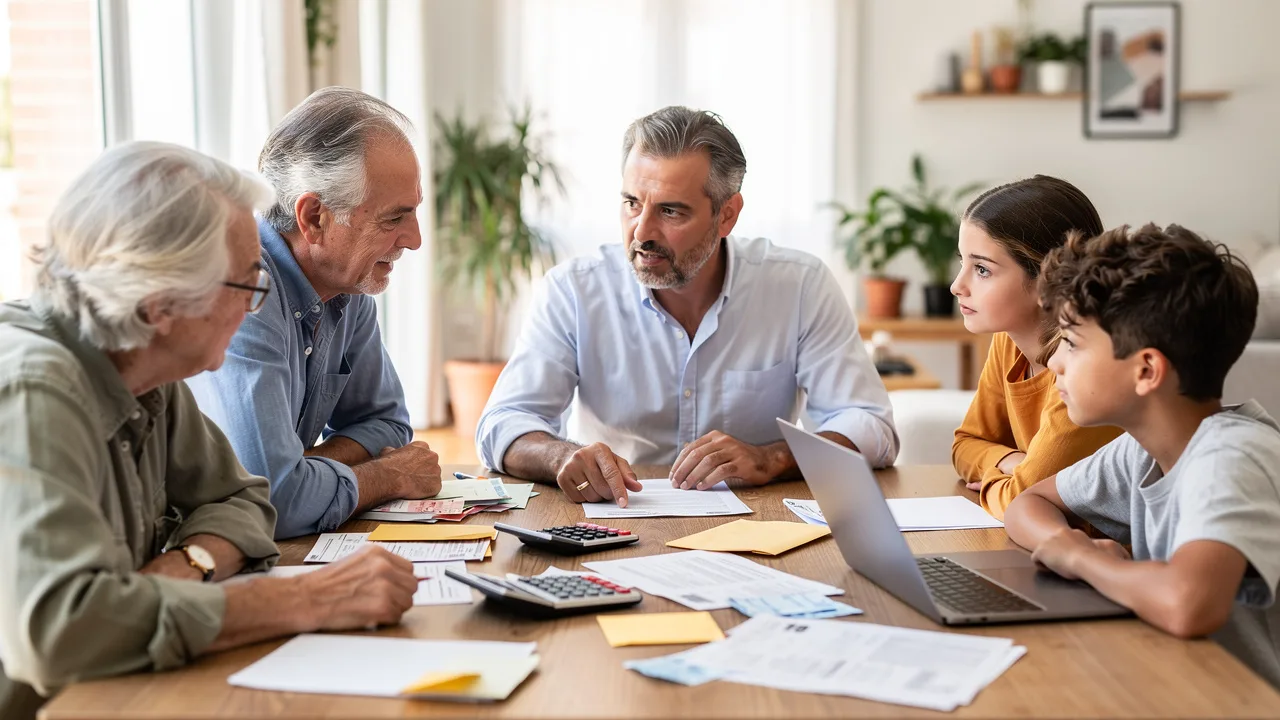 Spanish family budget planning scene with people of different ages sitting around table with bills, 