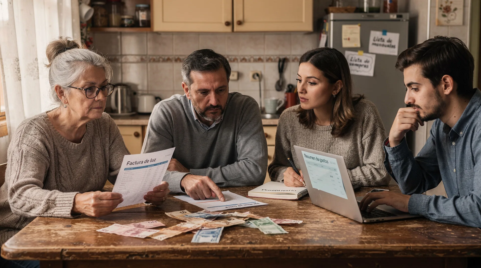 Familia española de diferentes edades revisando facturas y el presupuesto mensual en la mesa de casa