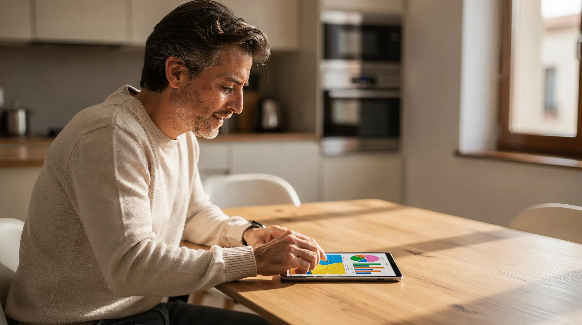 Persona revisando su presupuesto mensual en una tablet con gráficos de gastos por categorías en casa