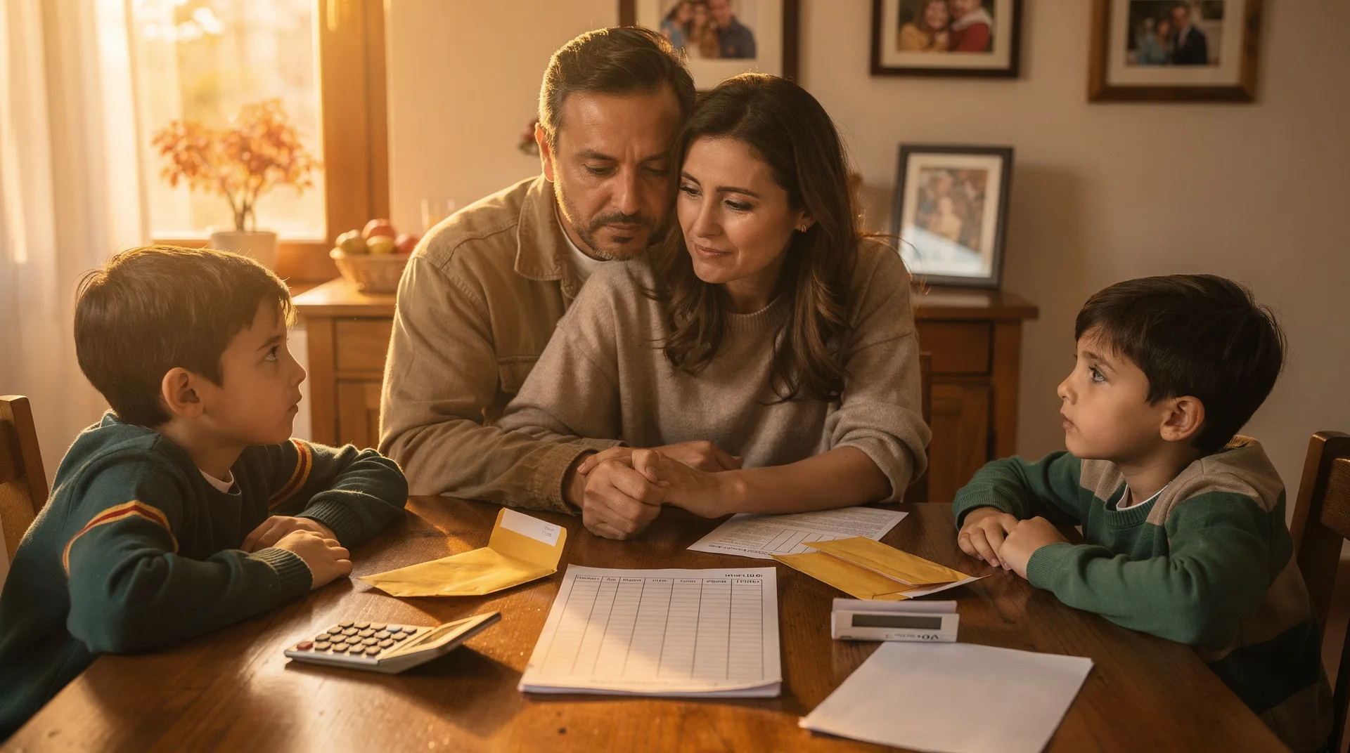 Familia revisando su presupuesto familiar en la mesa del comedor rodeados de facturas y una agenda de enero