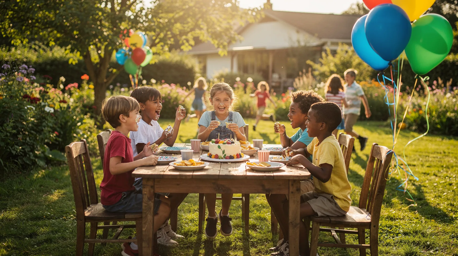 Niños celebrando un cumpleaños infantil en un jardín con globos de colores y una tarta casera en agosto