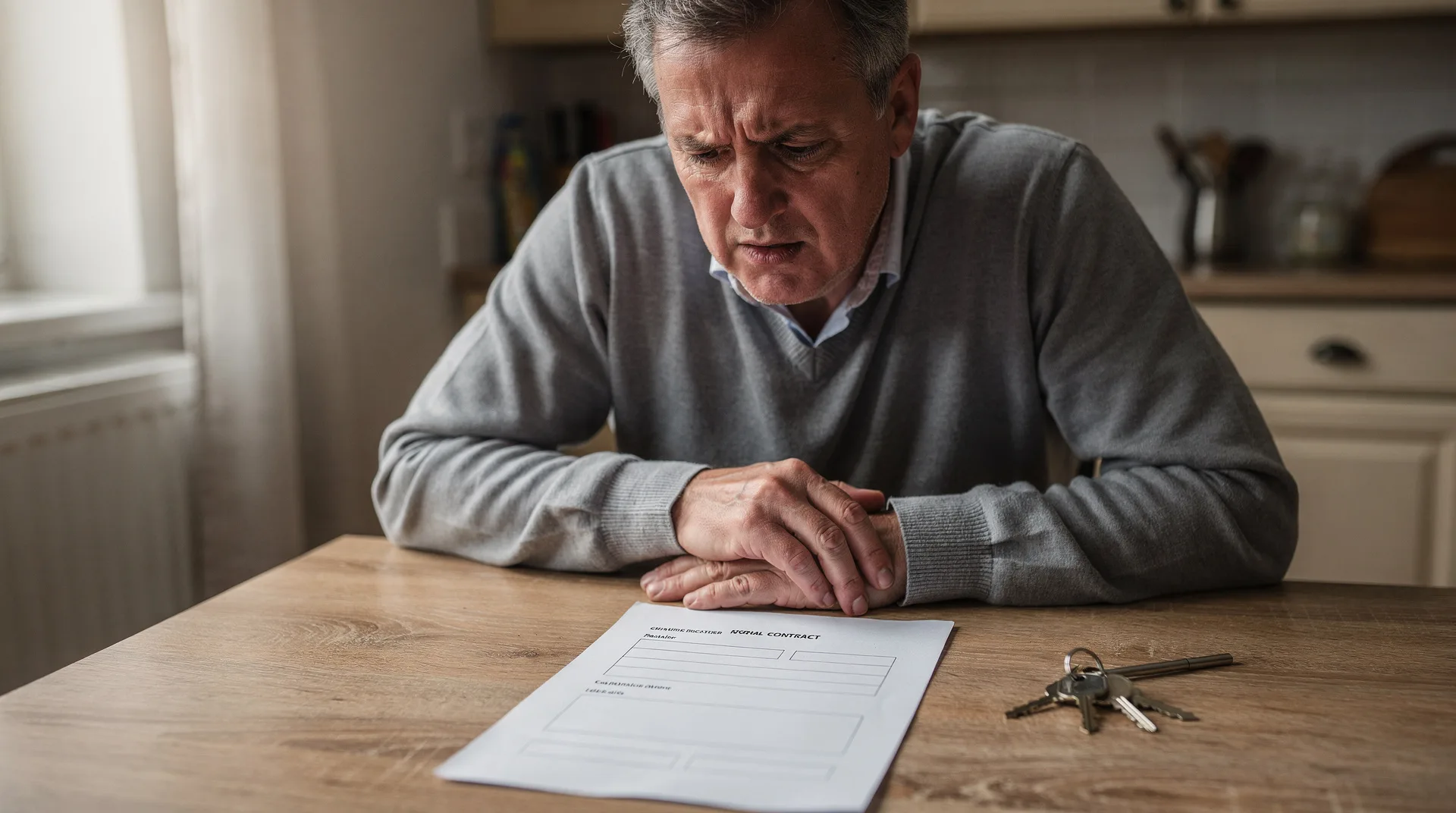 Propietario mirando preocupado un contrato de alquiler vacío sobre una mesa con llaves de piso