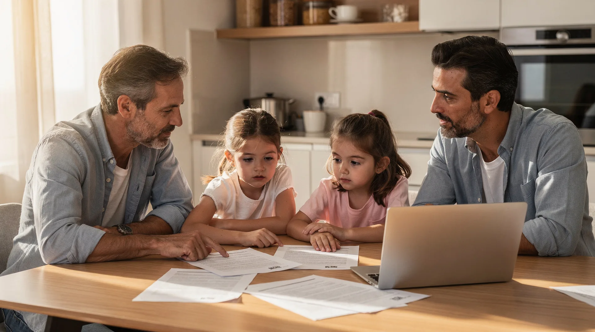 Familia con hijos revisando documentos fiscales en una mesa de casa con el ordenador abierto