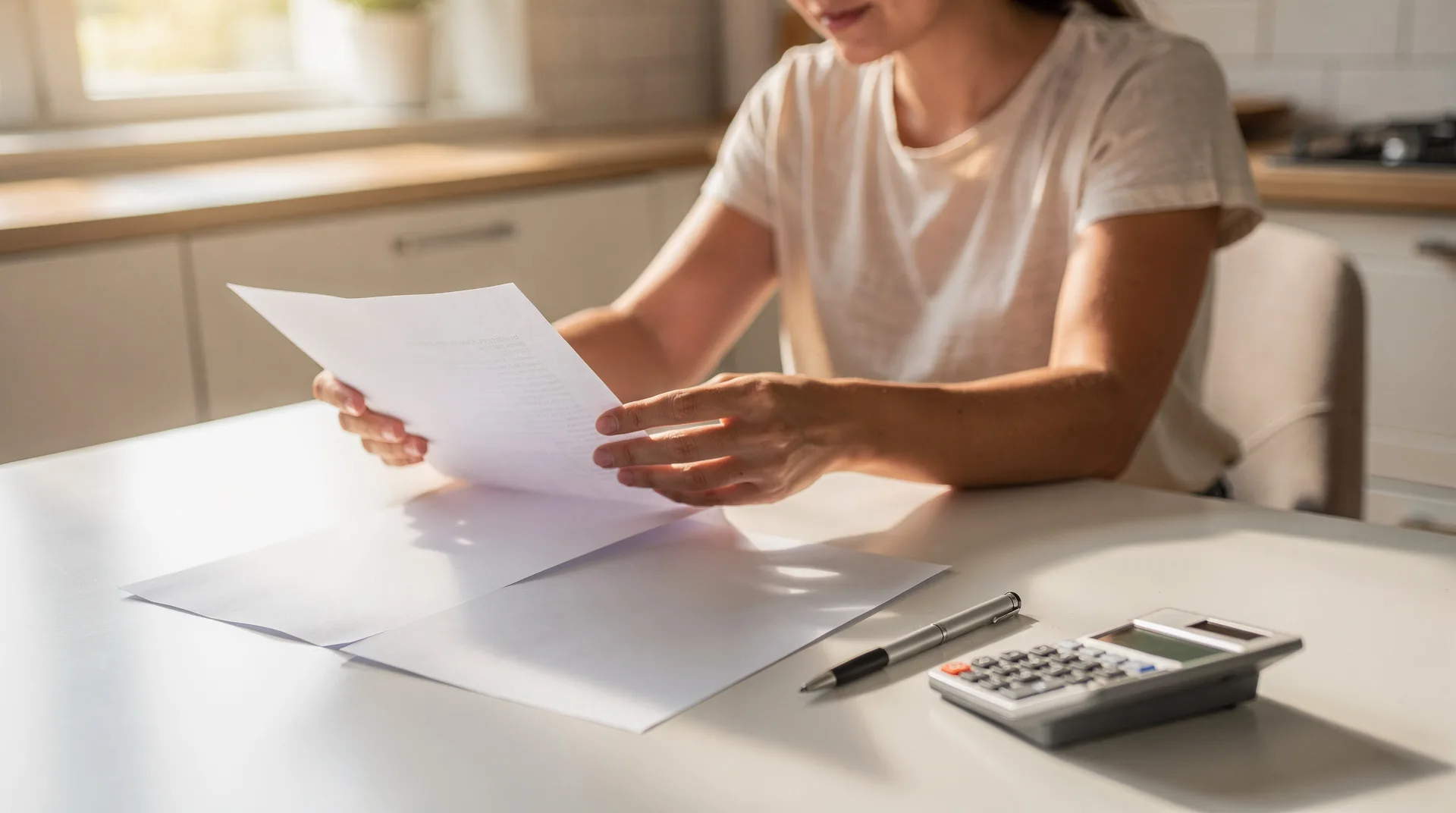 Persona revisando un contrato de alquiler en una mesa con calculadora y bolígrafo en julio