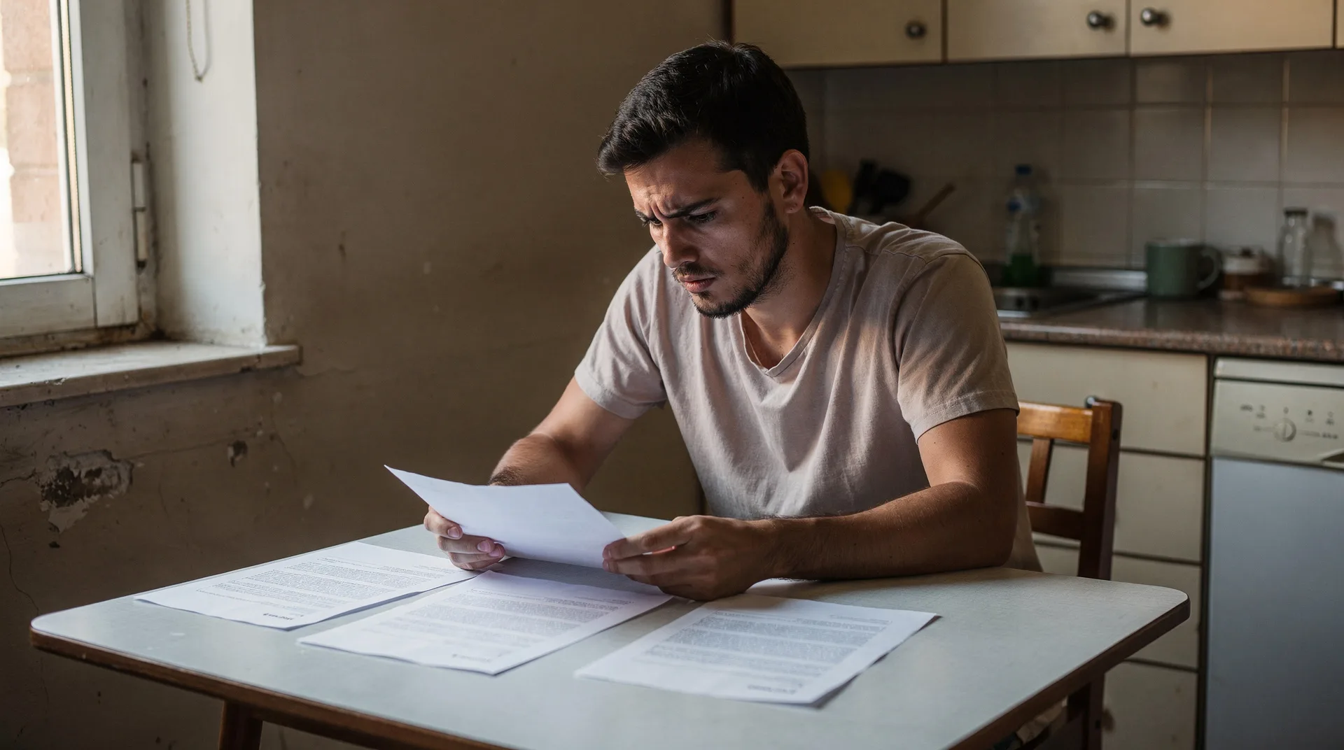 Inquilino español leyendo un contrato de alquiler en su piso con expresión de preocupación, junio 2026