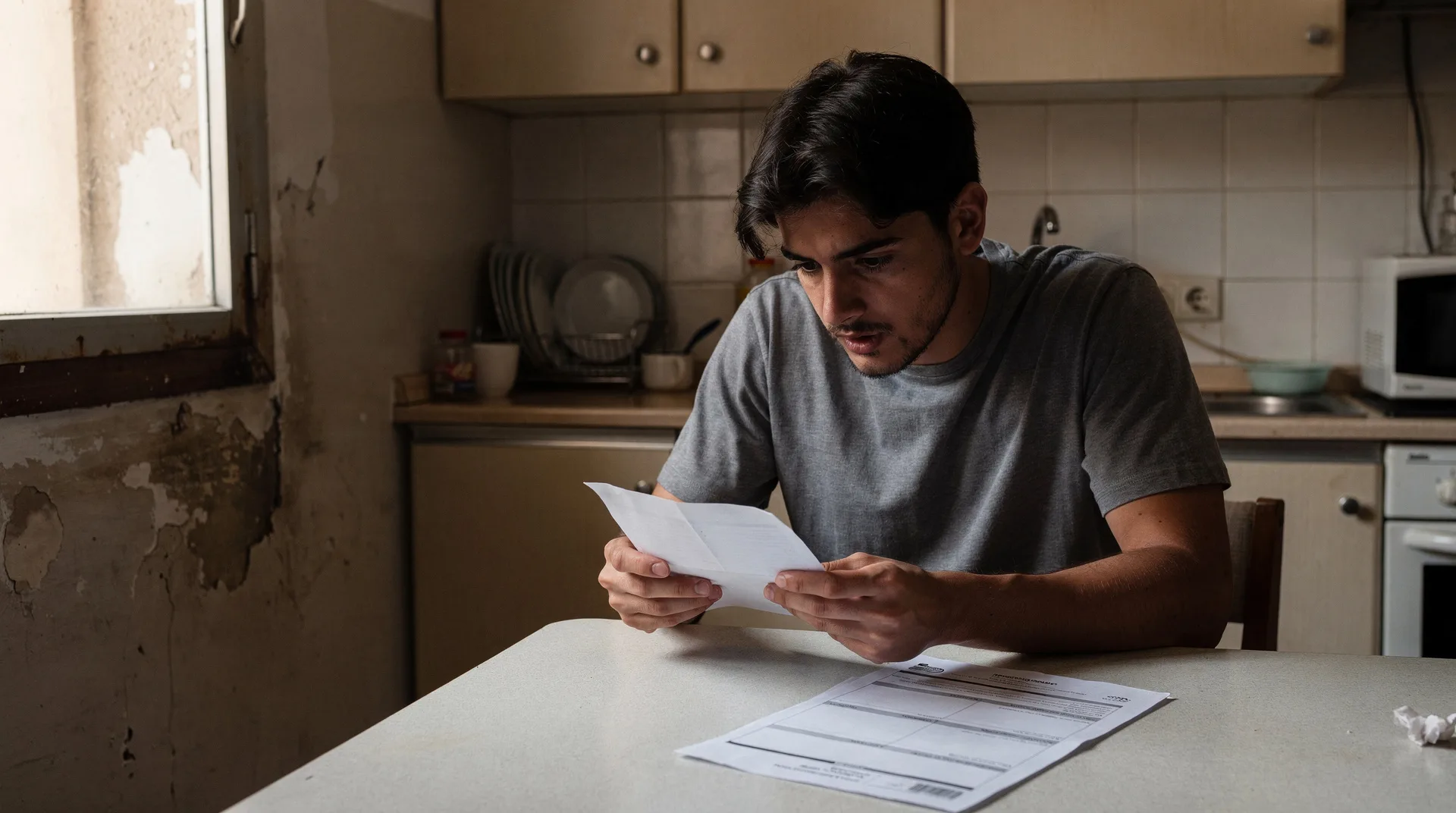 Inquilino español revisando un contrato de alquiler en su apartamento, con cara de preocupación ante una carta del casero