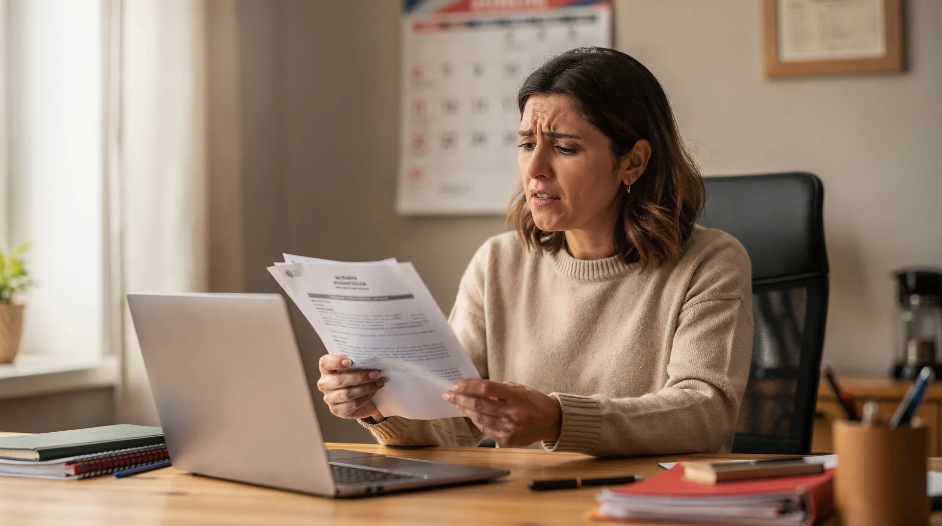 Spanish person looking relieved while reviewing legal documents at home desk, calendar showing 2026 
