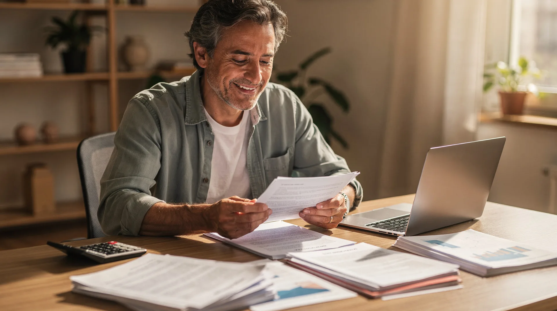Spanish person checking documents at home office desk with laptop, calculator and legal papers, reli