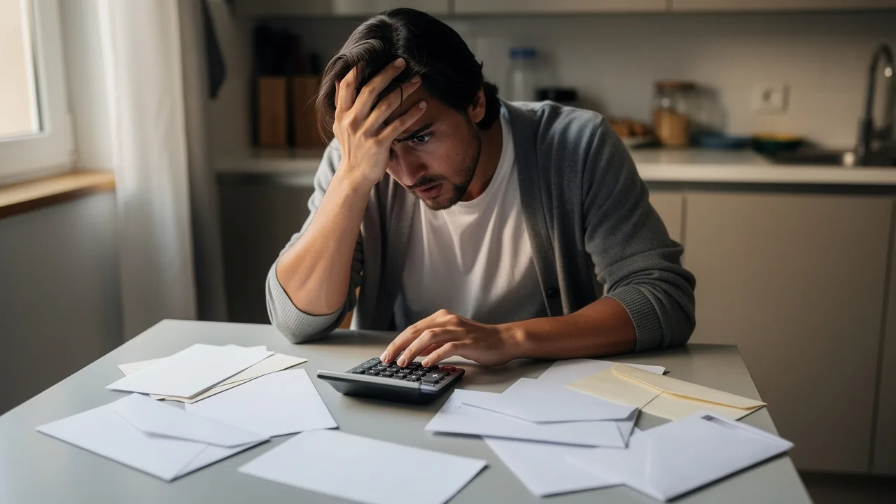 Stressed Spanish person looking at debt collection letters on kitchen table, calculator and document
