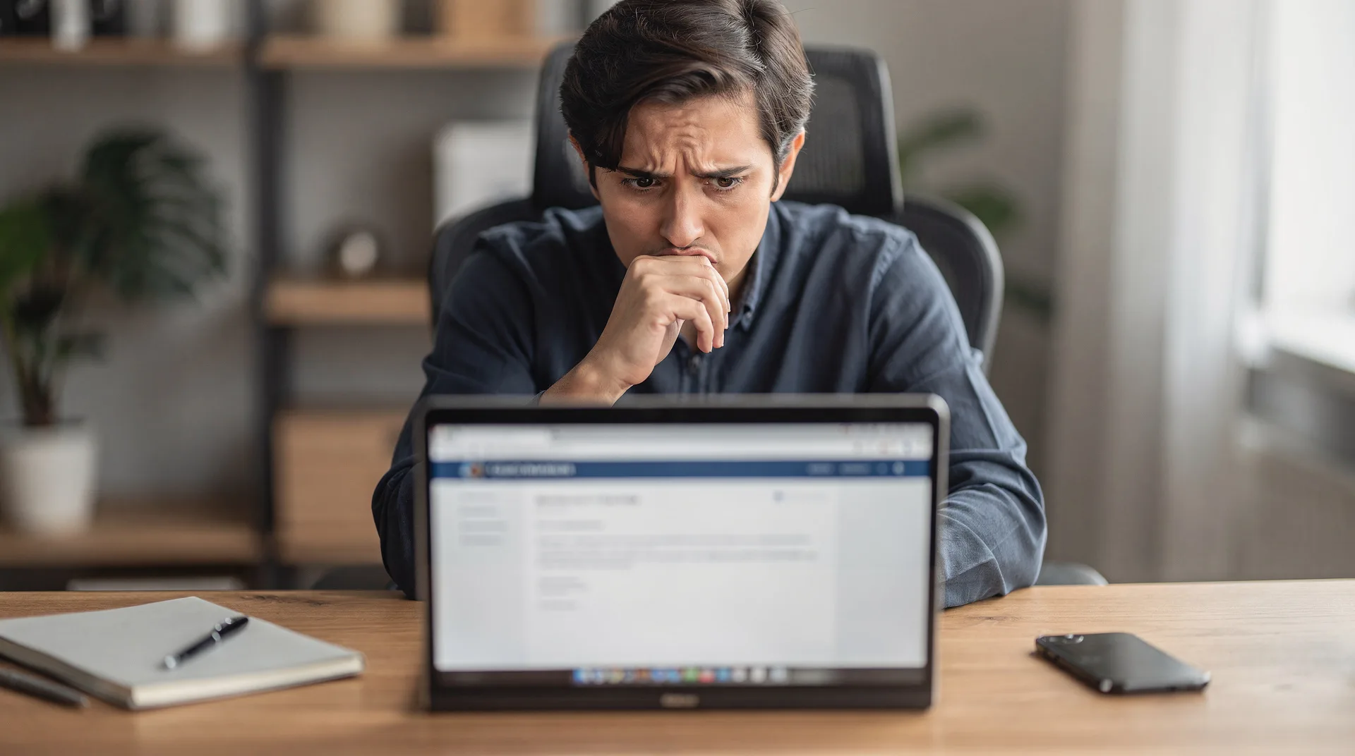 Persona mirando un email sospechoso de Hacienda en el ordenador, con expresión de alerta y duda