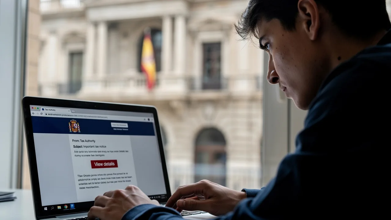 Person looking concerned at laptop screen showing fake tax authority email, spanish government build