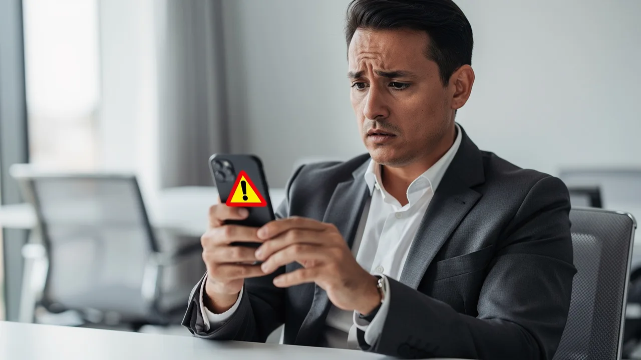 Professional Spanish person looking concerned while checking email on smartphone, with warning symbo
