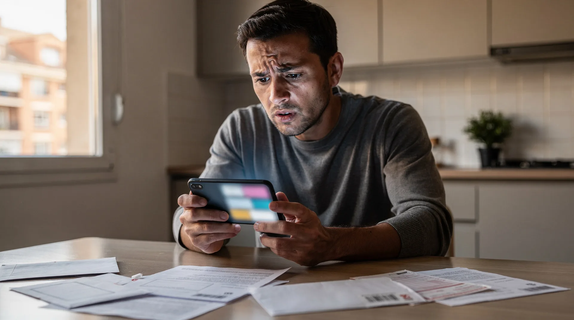 Persona mirando preocupada la pantalla de su móvil con la app bancaria mostrando saldo bloqueado por embargo