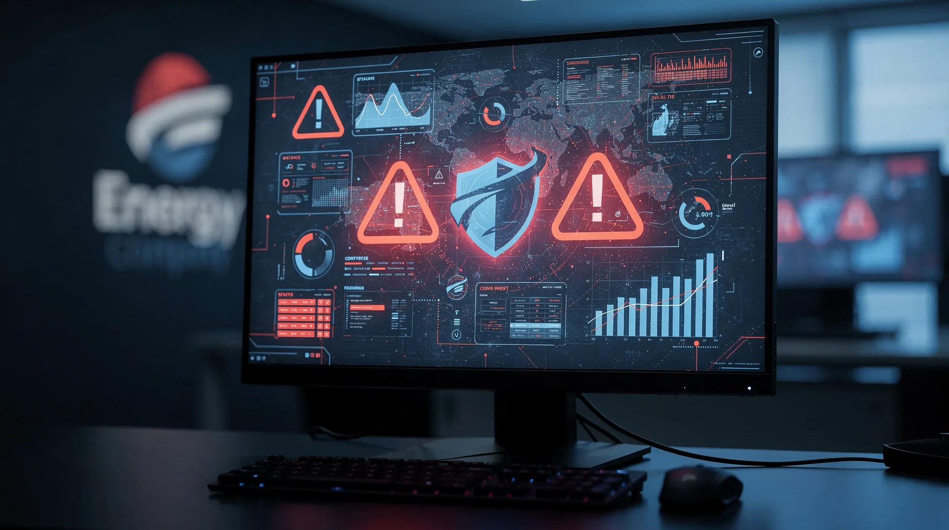 Pantalla de ordenador mostrando un aviso de seguridad sobre filtración de datos con el logotipo de una compañía eléctrica al fondo difuminado