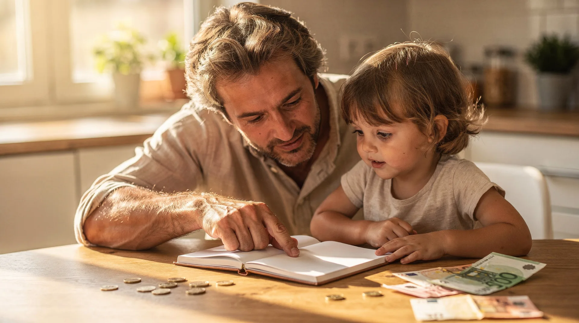 Padre e hijo mirando juntos un presupuesto de vacaciones en una mesa con billetes y una libreta en verano