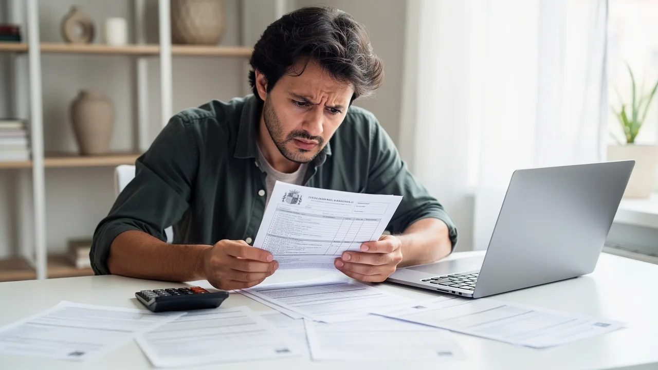 Worried Spanish person reviewing tax documents with calculator and laptop on desk, official governme