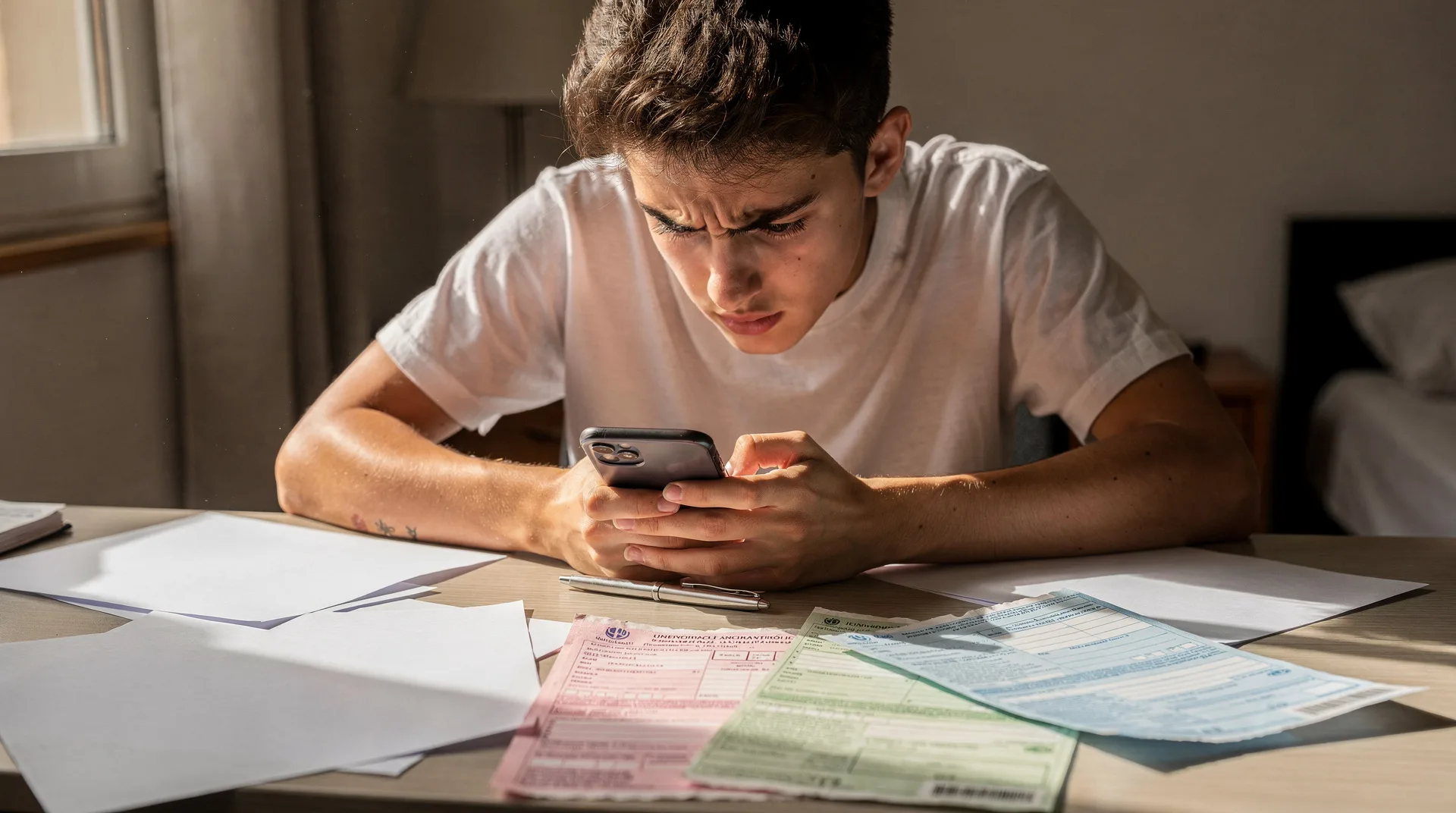 Joven estudiante mirando preocupado su móvil con facturas y documentos universitarios sobre la mesa en verano
