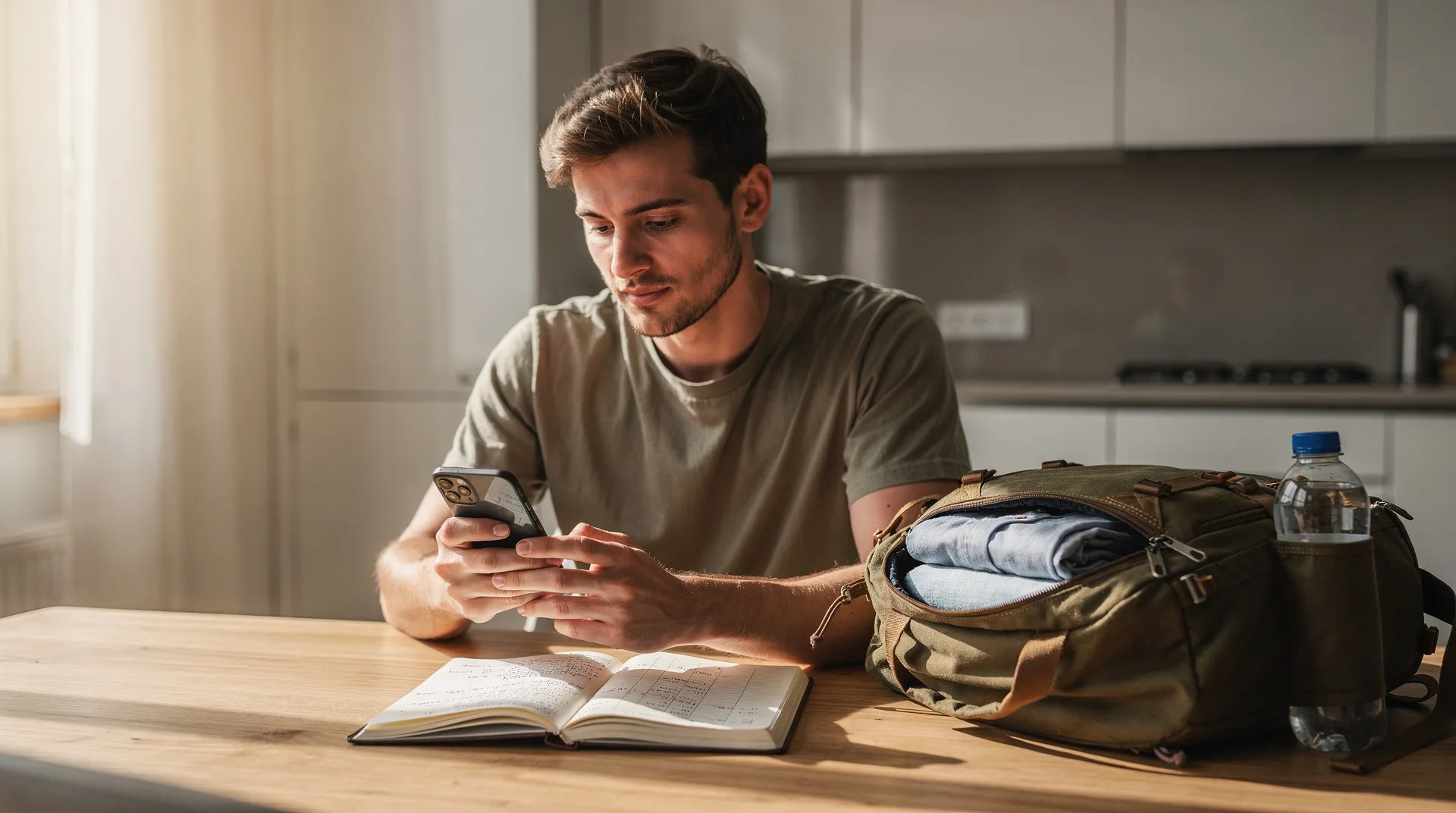 Joven mirando su móvil y calculando el presupuesto de vacaciones de verano con una mochila al lado