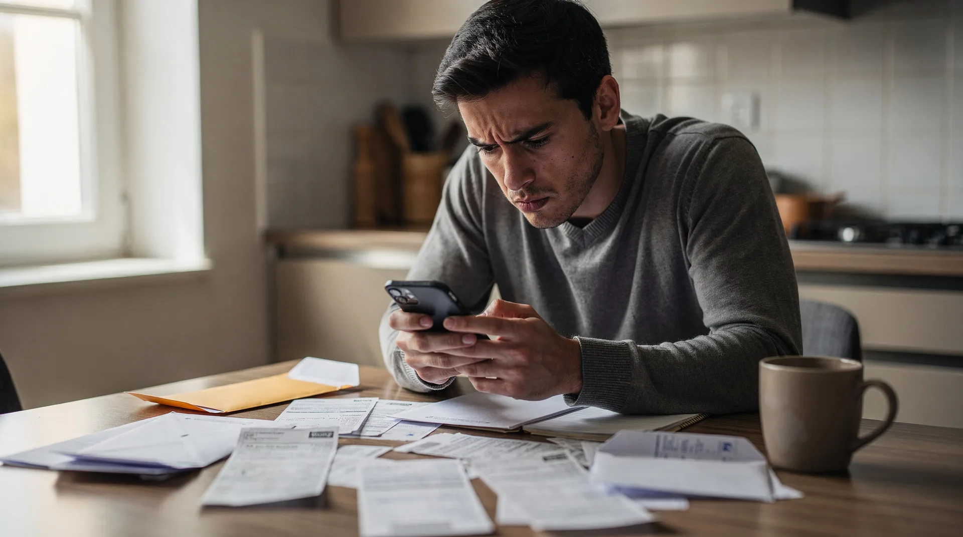 Spanish person looking worried while checking bank account balance on smartphone, sitting at kitchen