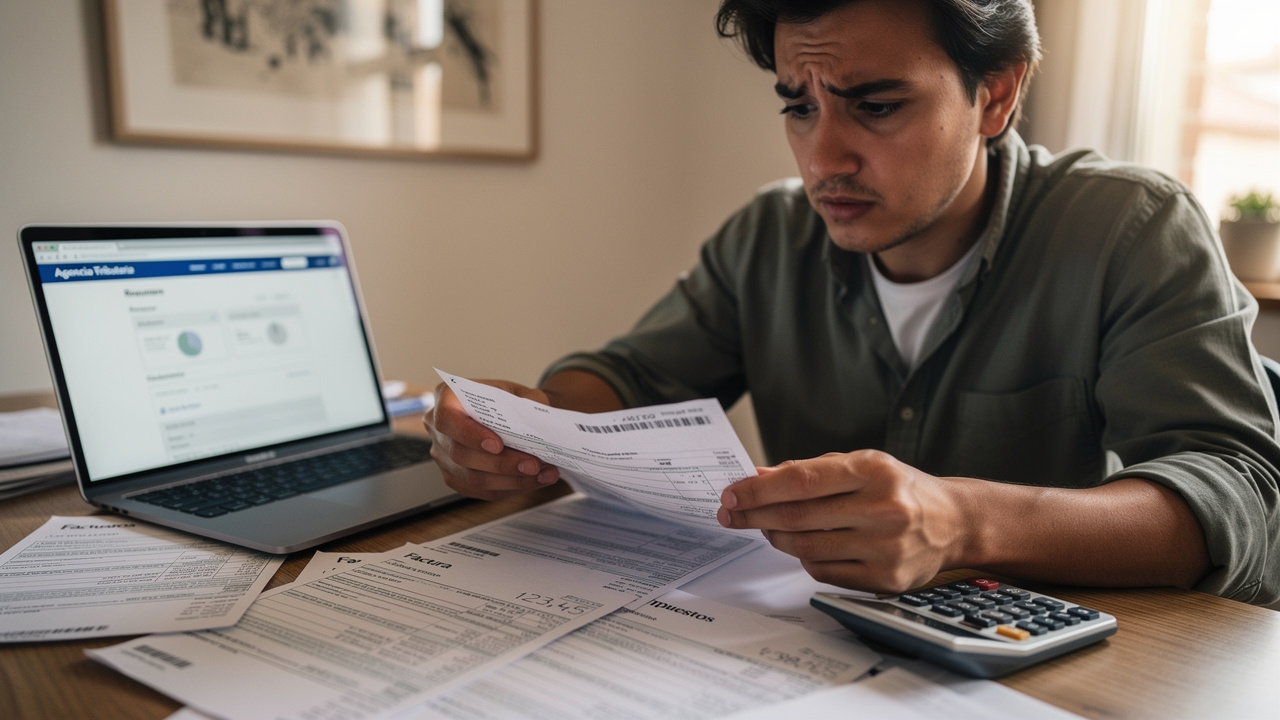 Spanish person looking worried while reviewing tax documents and bills on a desk, calculator and lap