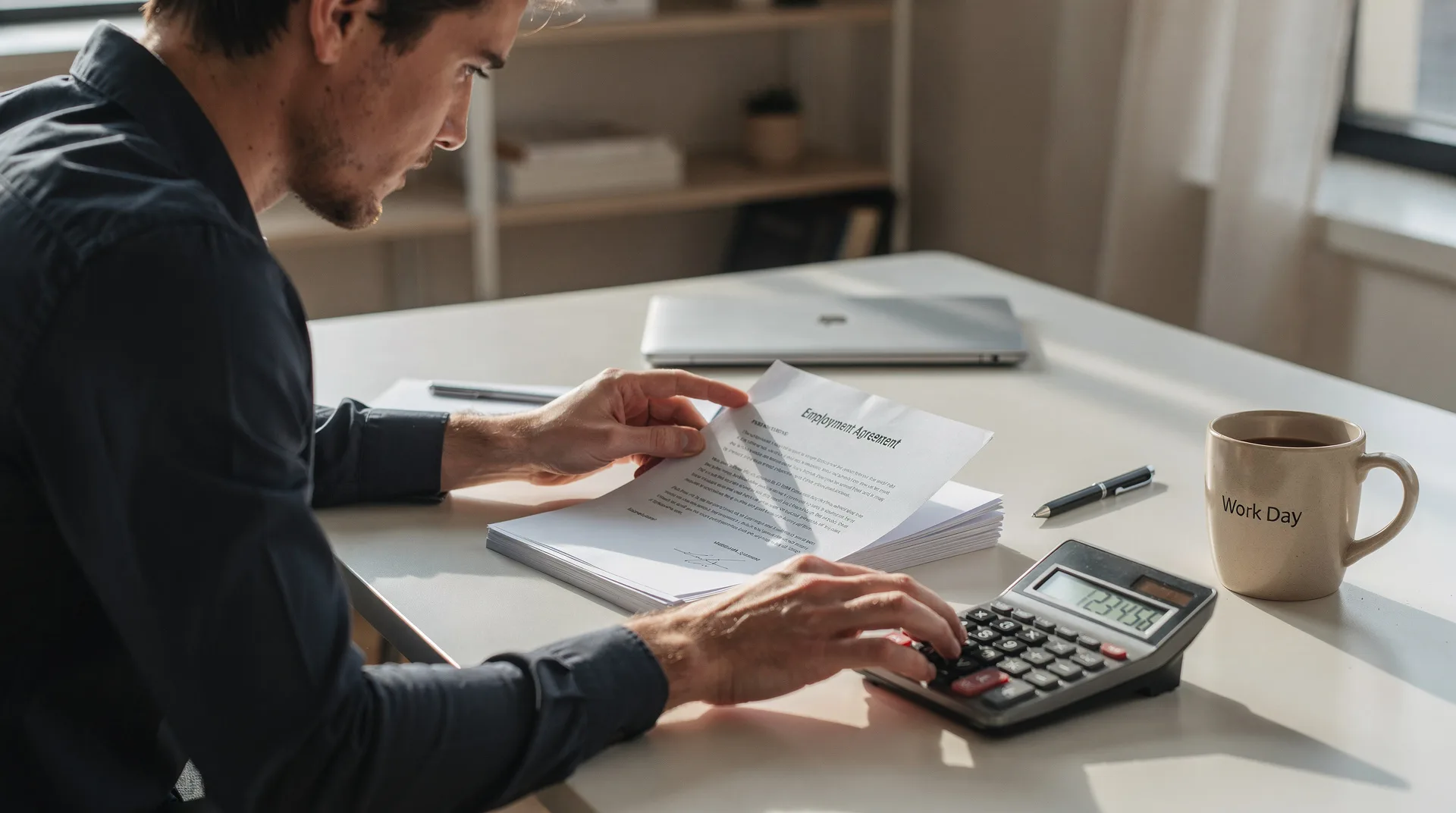 Persona revisando documentos de empleo y calculadora en una mesa de oficina en septiembre