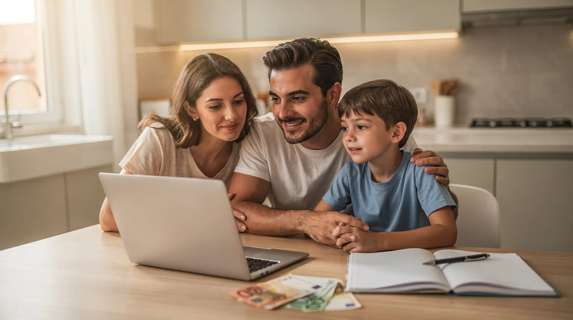 Familia española revisando su presupuesto de verano en una mesa con el ordenador portátil abierto y billetes visibles