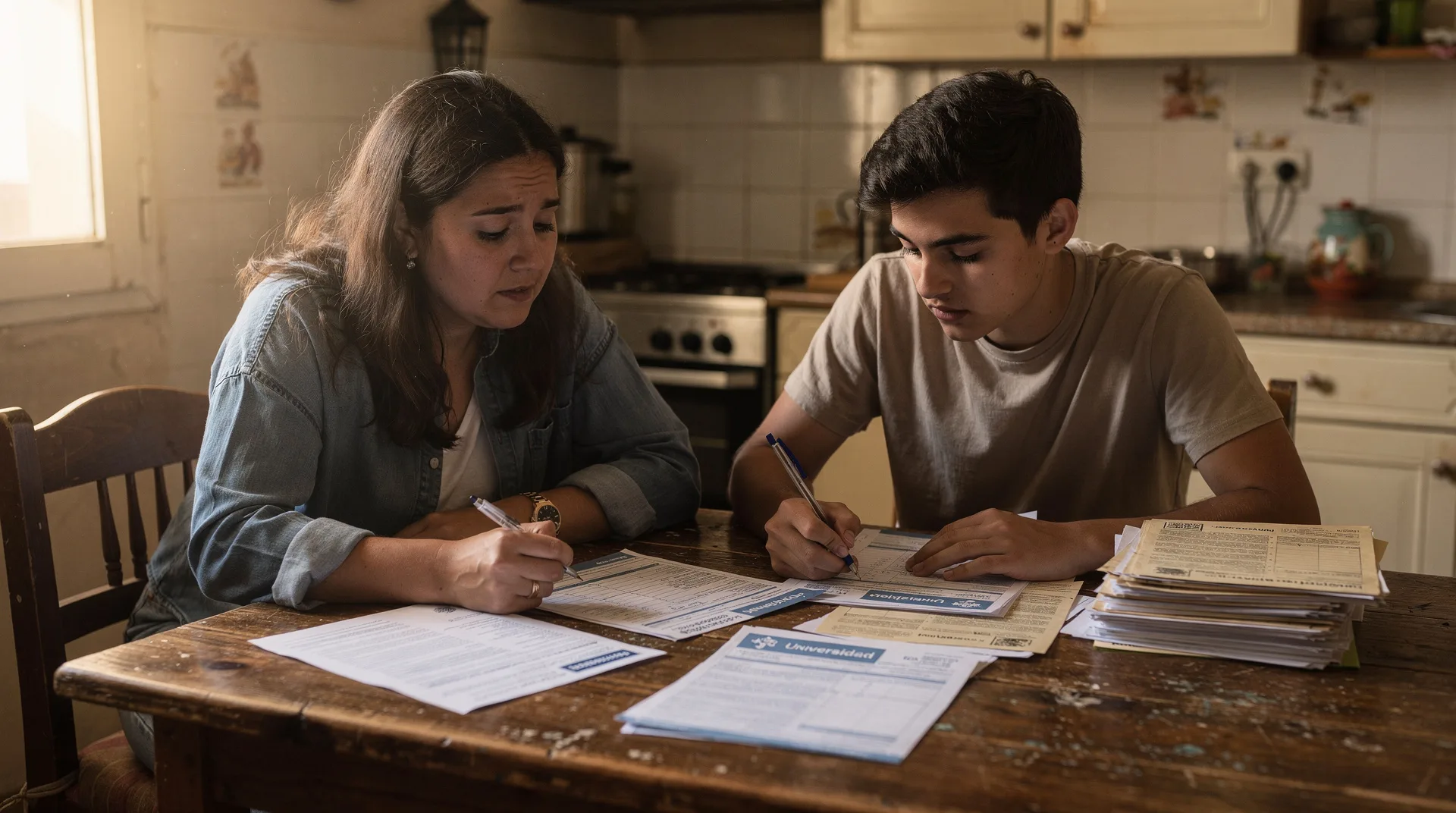 Familia española revisando papeles de matrícula universitaria en la mesa de casa con cara de preocupación por el presupuesto