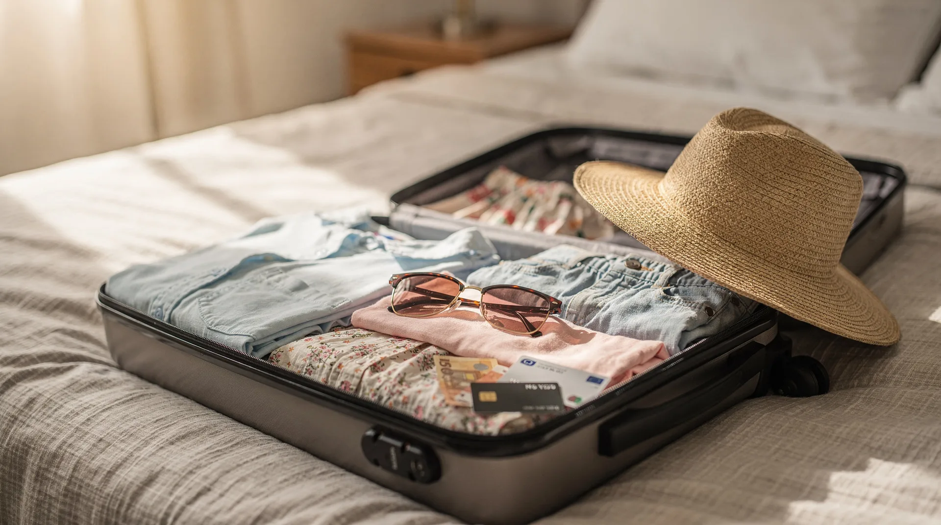Maleta de viaje abierta sobre una cama con ropa de verano, gafas de sol, billetes de euro y una tarjeta bancaria, con luz cálida de ventana