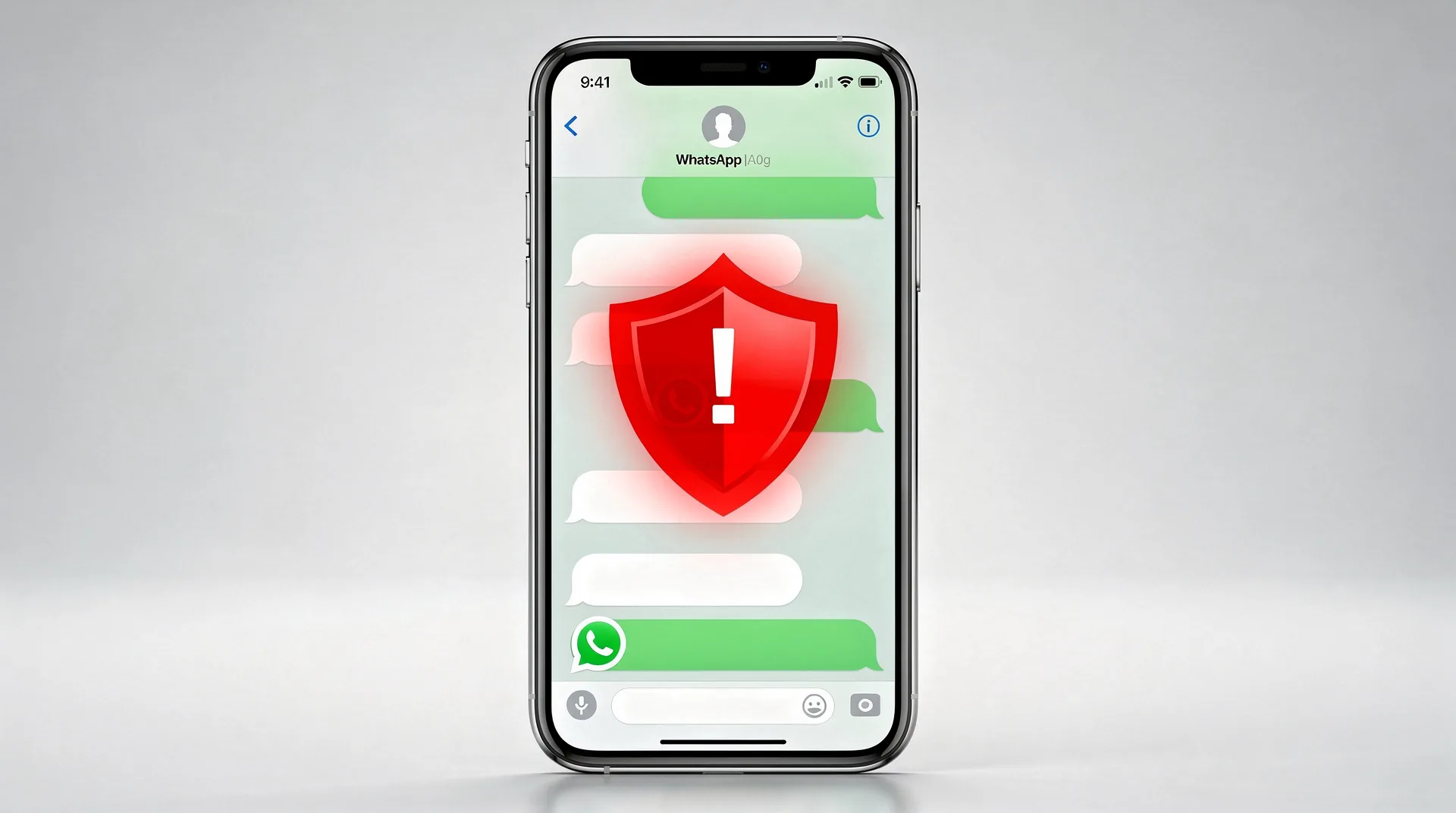 Pantalla de smartphone con un mensaje de WhatsApp sobre un falso concurso de baile y un símbolo de advertencia de seguridad