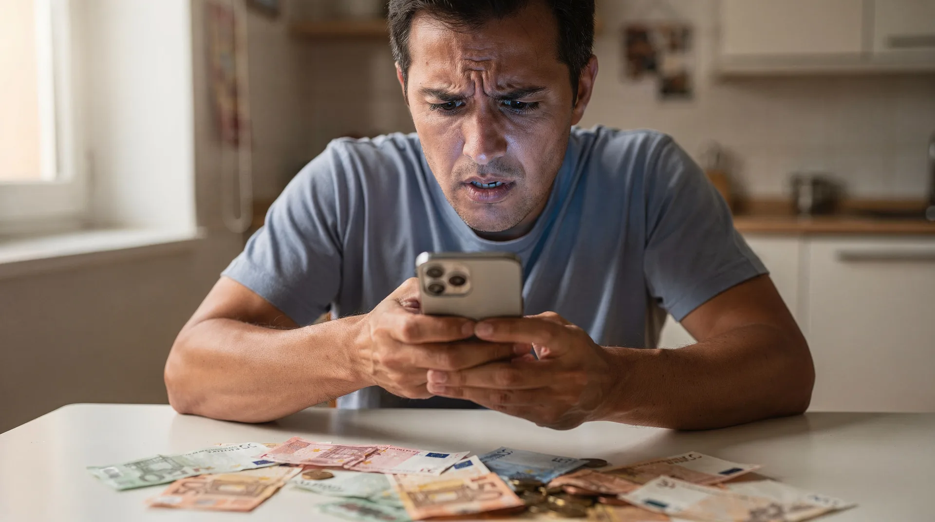 Worried Spanish person looking at smartphone screen showing WhatsApp conversation about loan scam, m