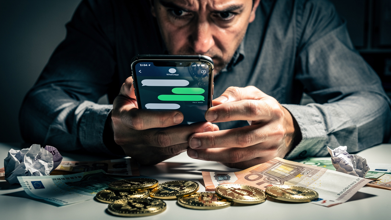 Person looking worried at smartphone screen showing WhatsApp messages, scattered Bitcoin coins and E
