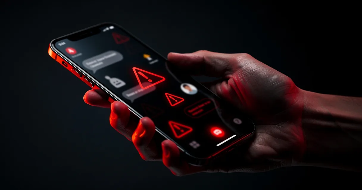Smartphone mostrando mensajes sospechosos con alertas de seguridad
