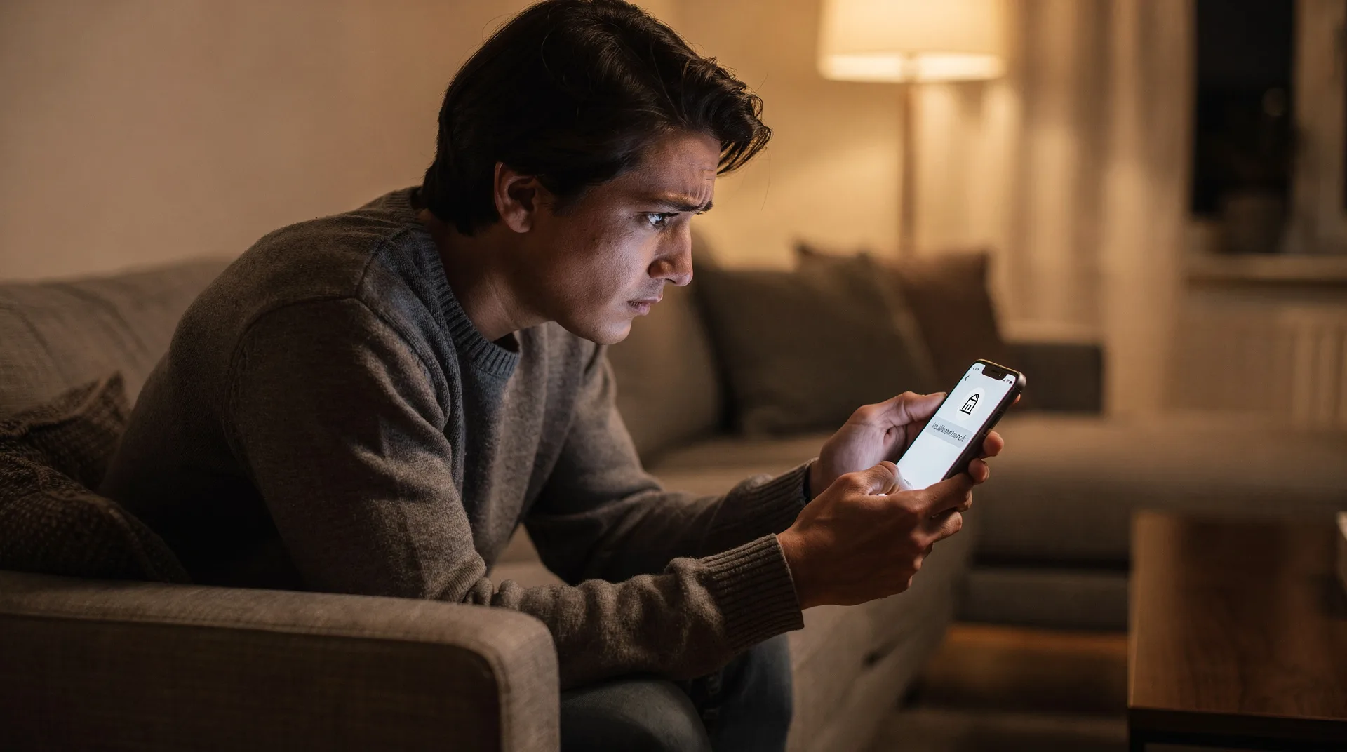 Persona mirando con desconfianza un mensaje de WhatsApp en su móvil que suplanta a un hotel solicitando confirmación de reserva mediante un enlace