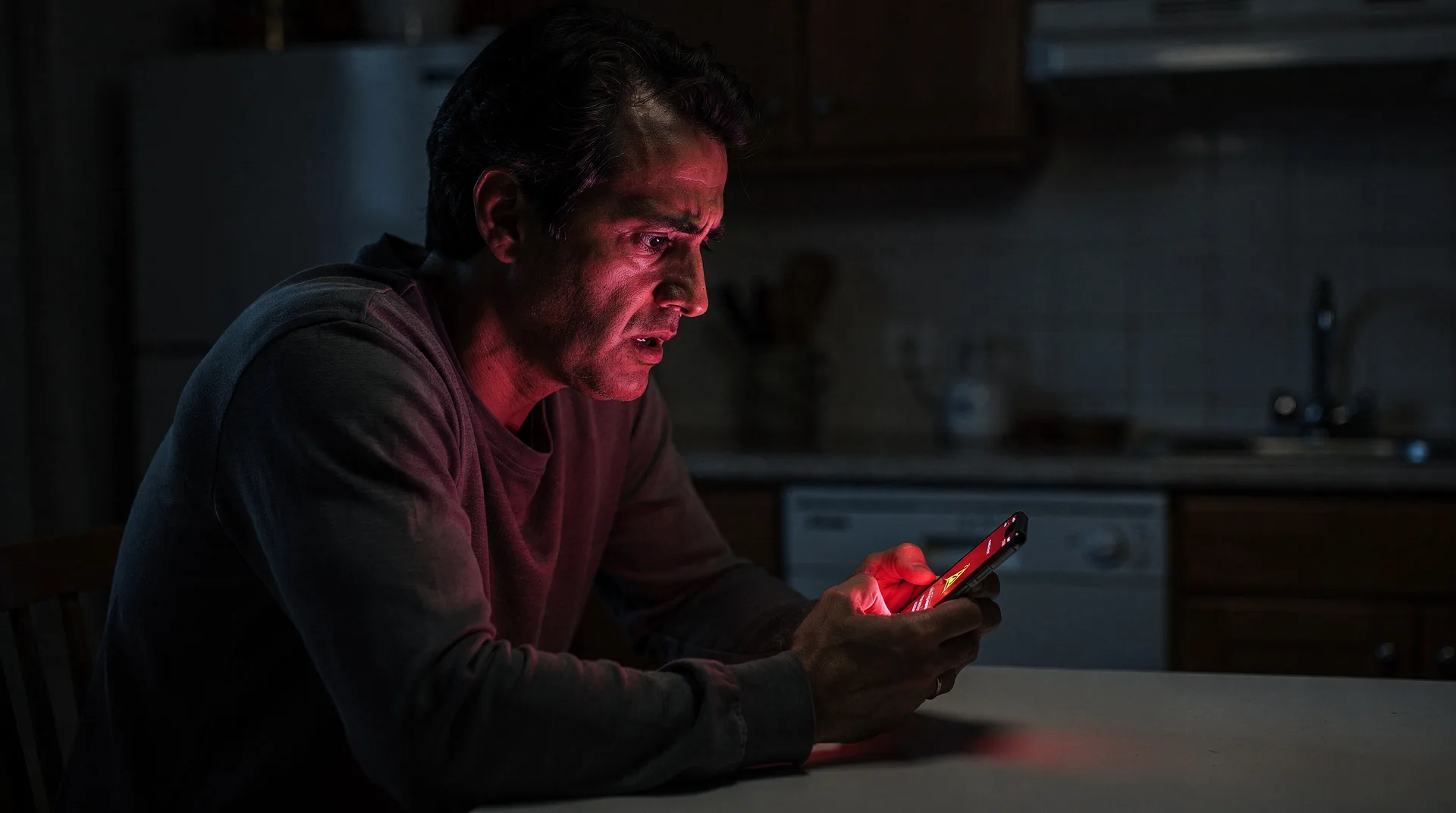 Persona mirando con desconfianza su móvil tras recibir una oferta de préstamo online con criptomonedas, luz de alerta