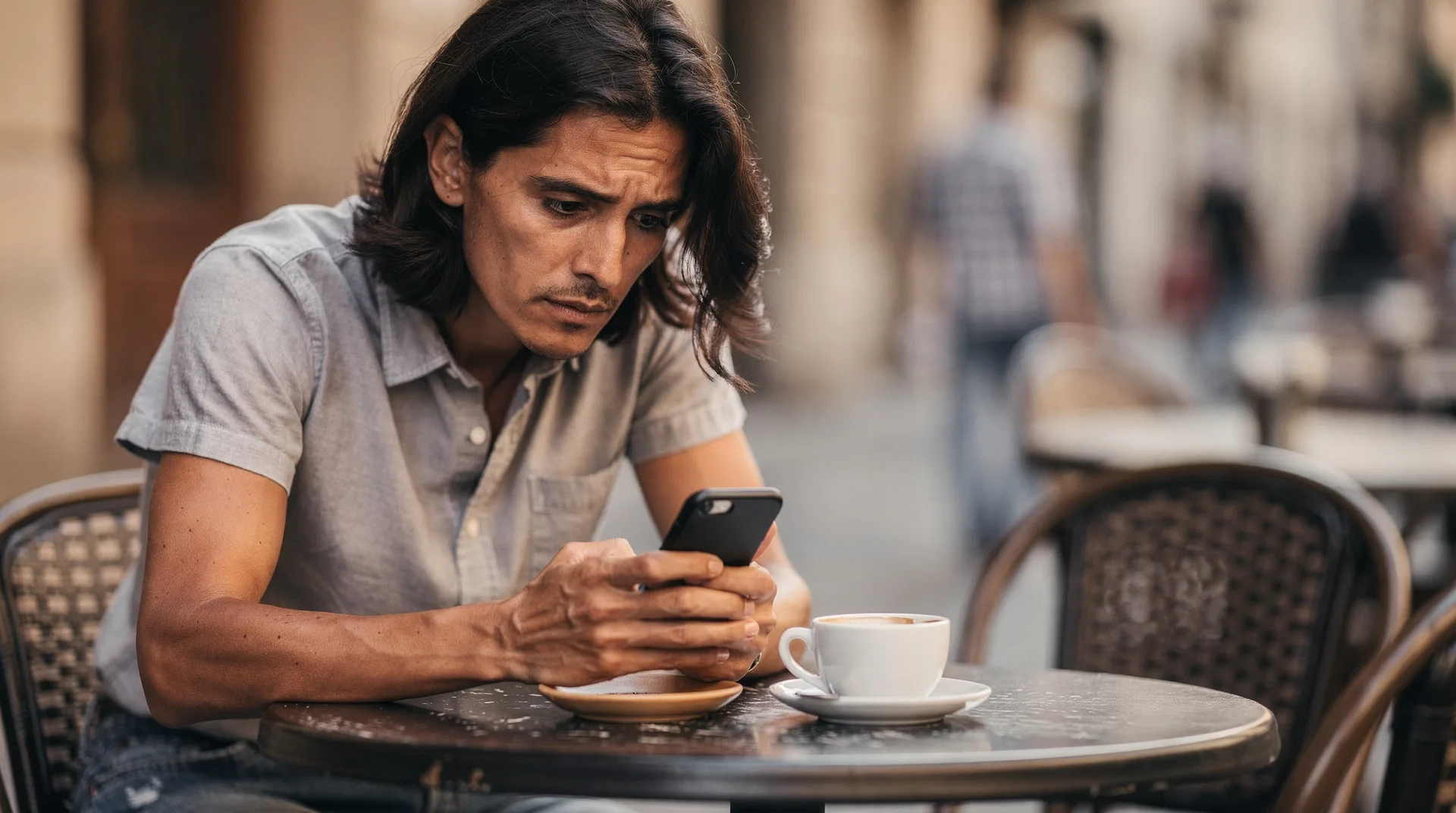 Persona mirando el móvil con expresión preocupada ante una alerta de posible estafa financiera online en verano