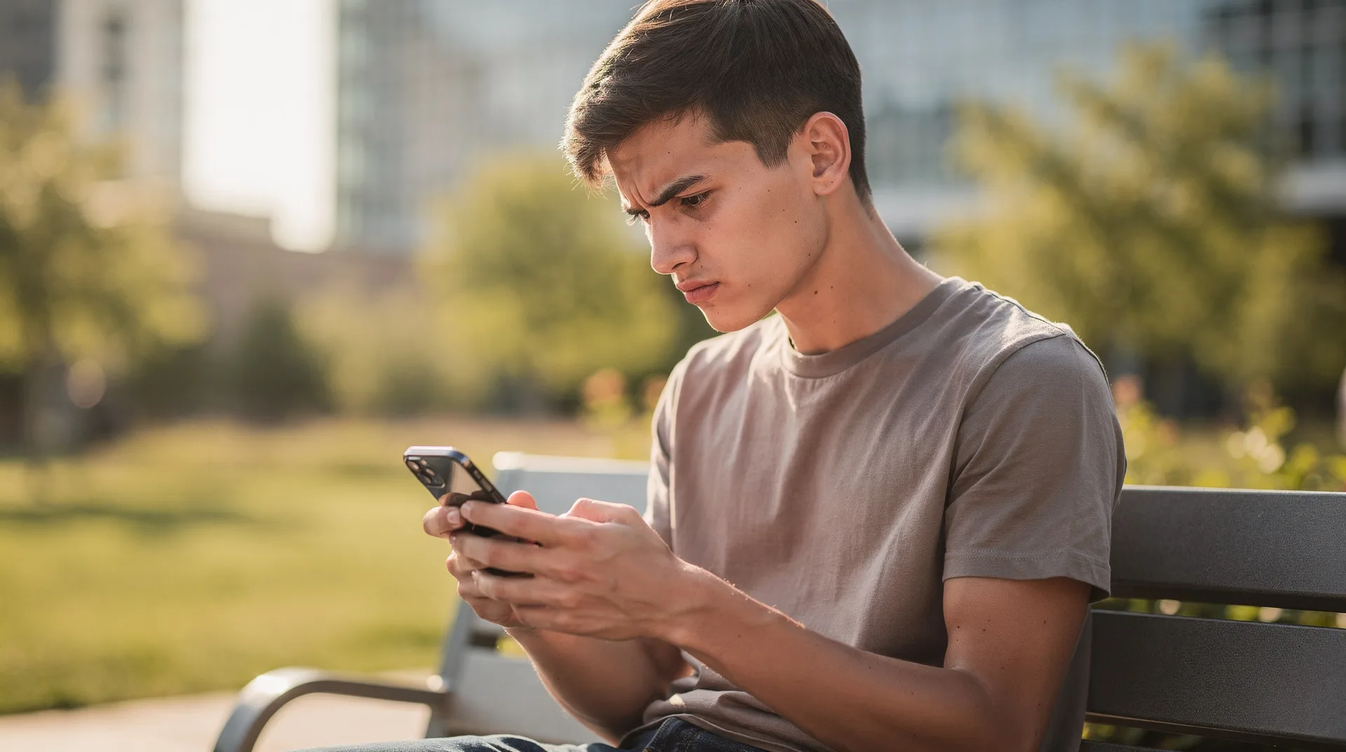 Persona joven mirando su móvil con expresión de alerta ante un mensaje sospechoso de inversión en criptomonedas durante el verano