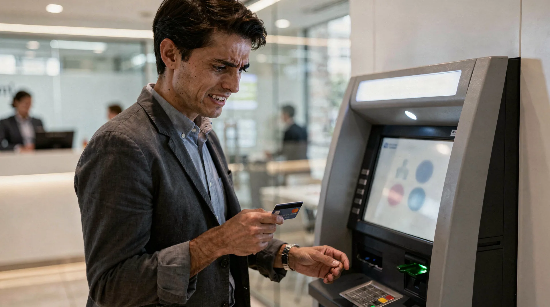 Spanish person looking frustrated at ATM machine displaying fees on screen, modern bank branch backg