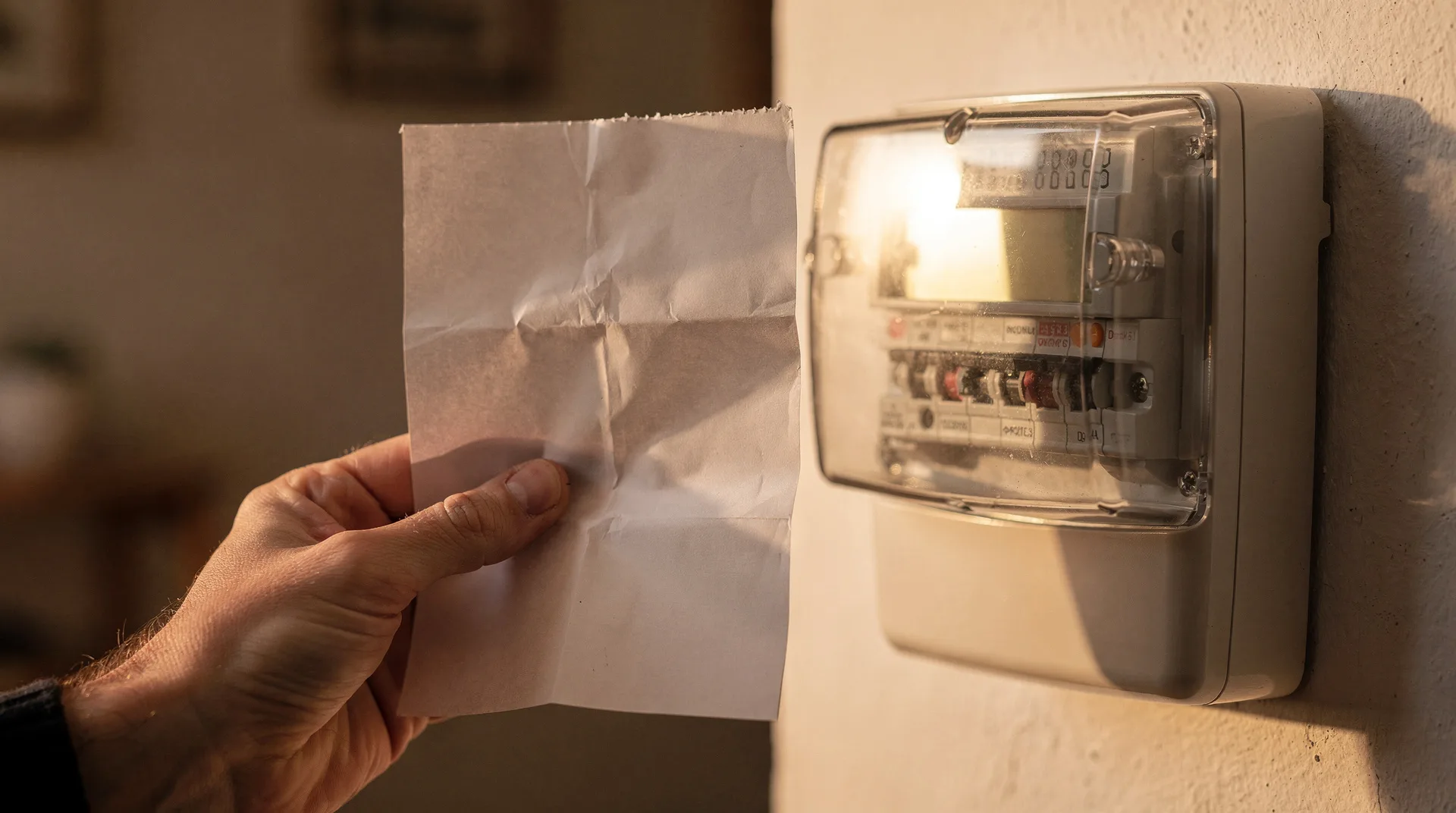 Contador de luz eléctrica en un hogar español con factura en la mano durante el invierno