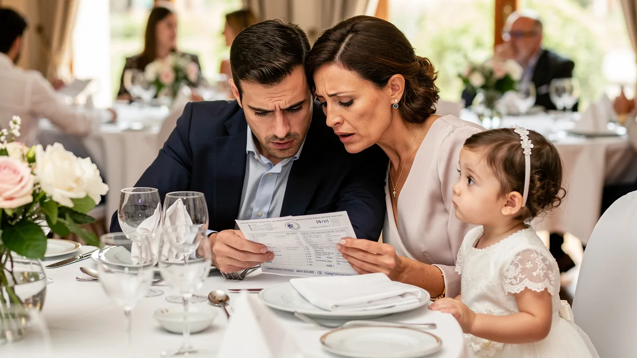 Spanish family at elegant communion celebration in restaurant, parents looking at bill with concerne