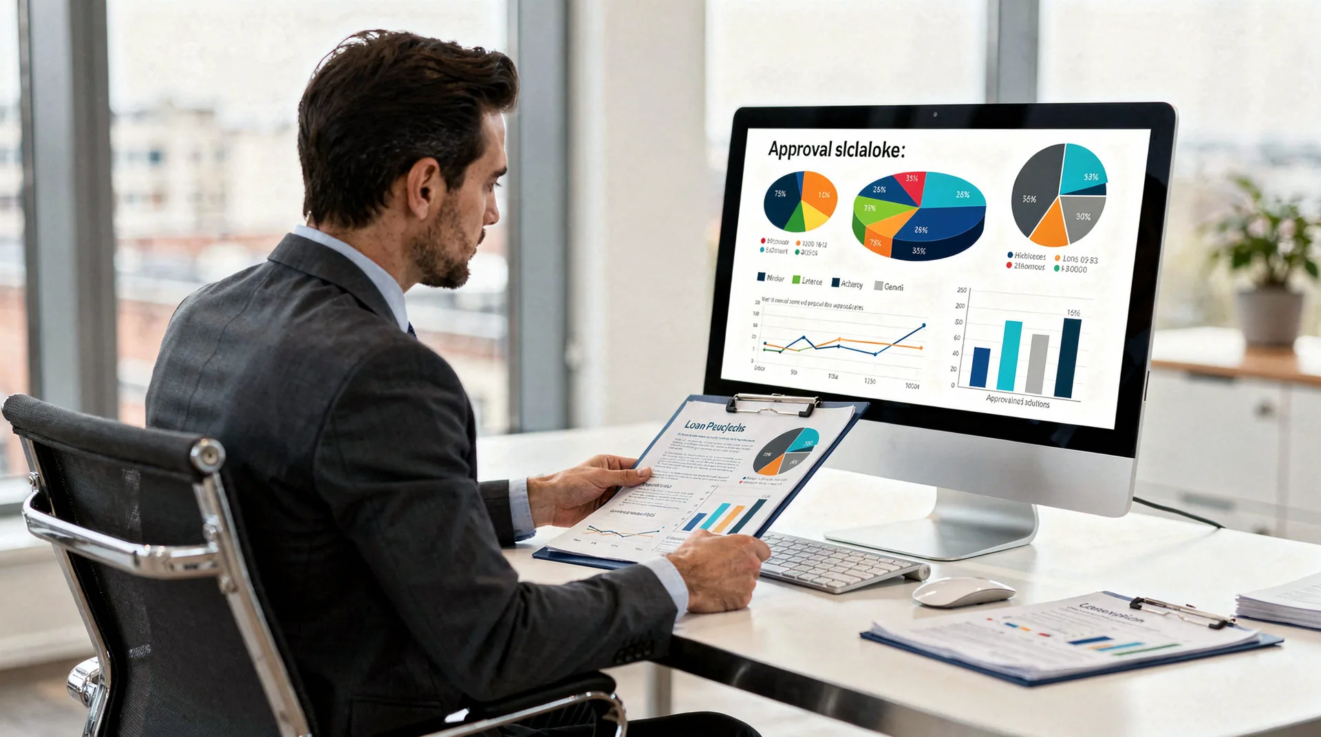 Professional financial advisor reviewing loan applications on computer screen with charts and graphs