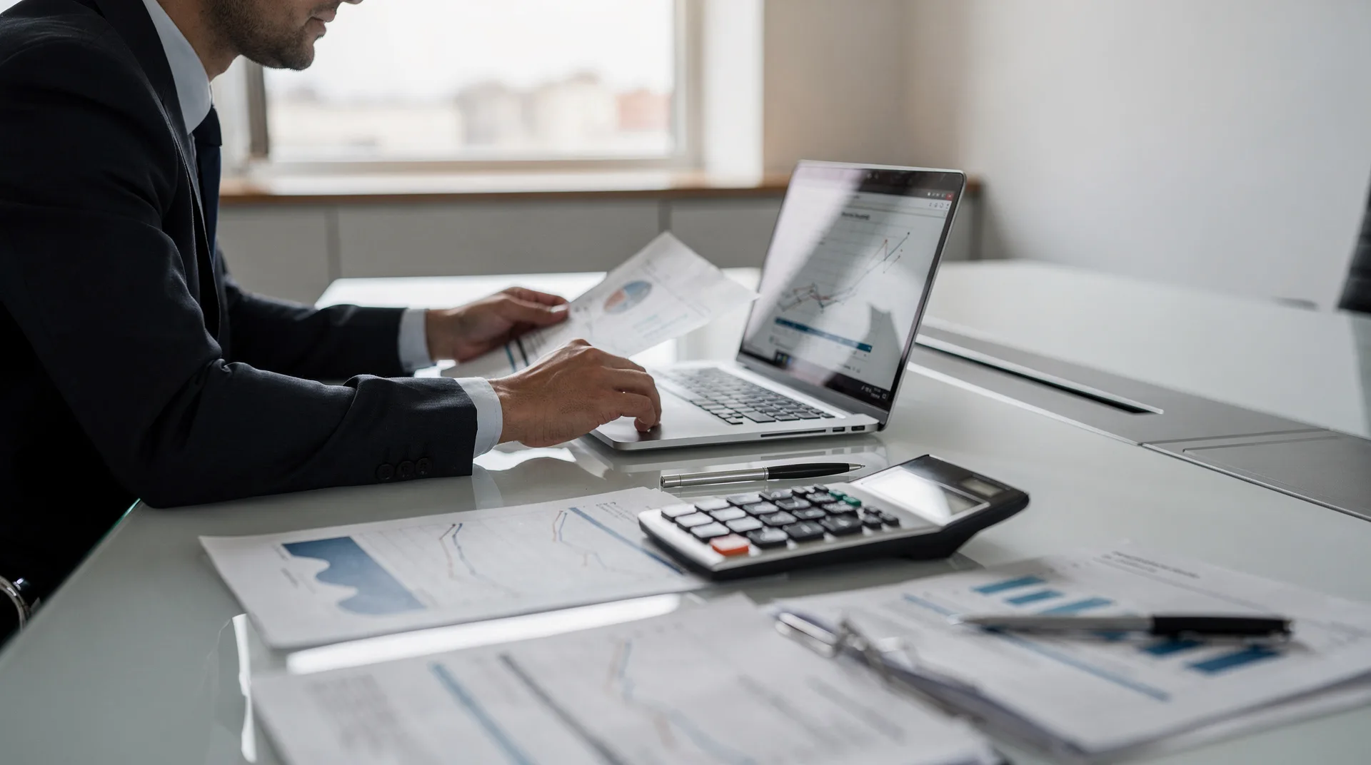 Business professional reviewing financial documents on laptop screen with calculator and papers on m