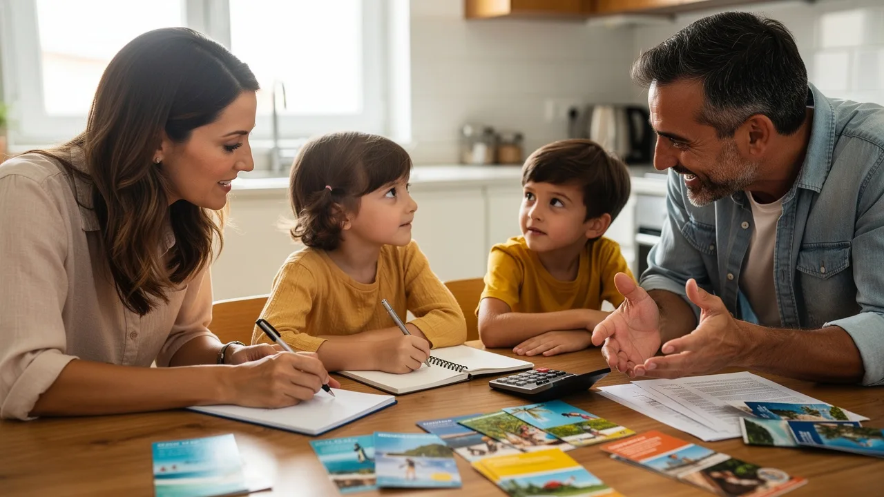 Spanish family of four sitting around a kitchen table with vacation brochures, calculator, and noteb