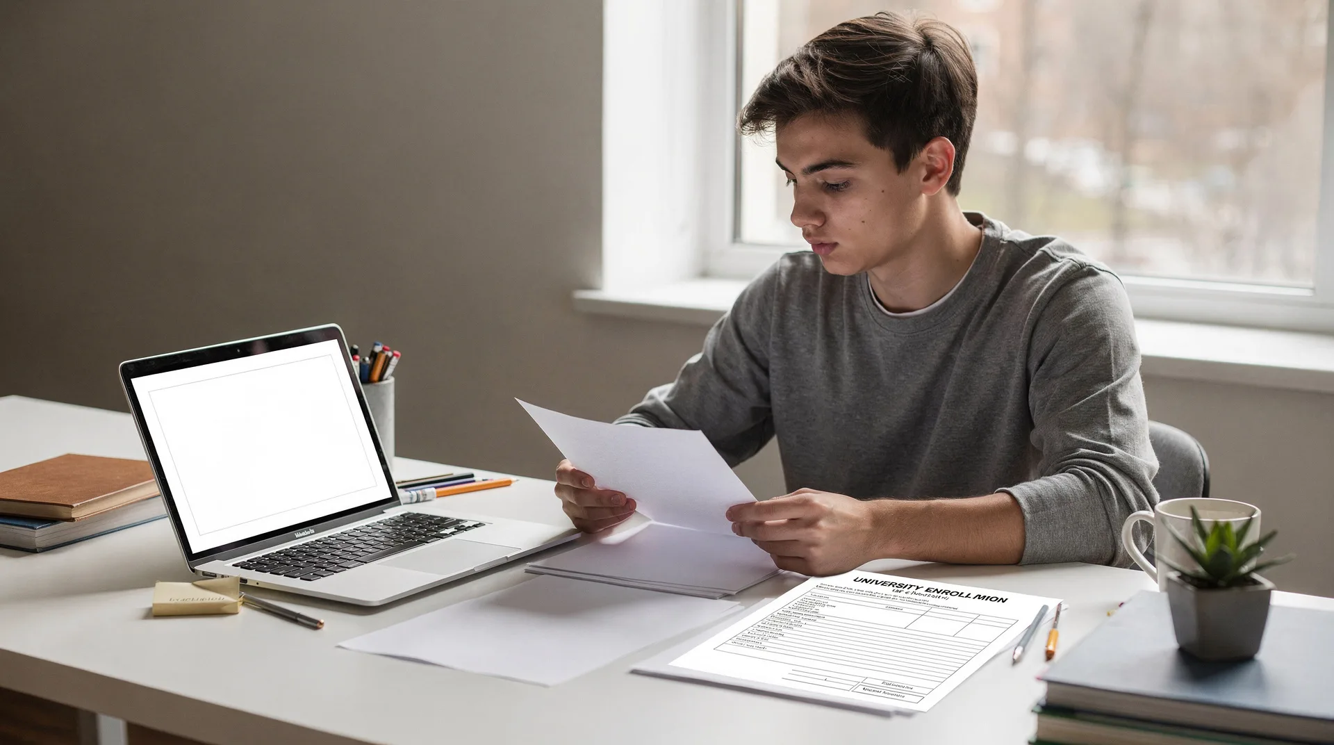 Estudiante universitario revisando opciones de financiación en su portátil antes de pagar la matrícula