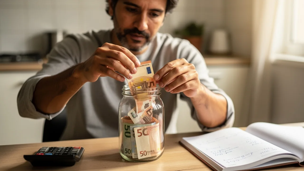 Spanish person putting 50 euro bills into a glass jar labeled for emergency fund, sitting at kitchen